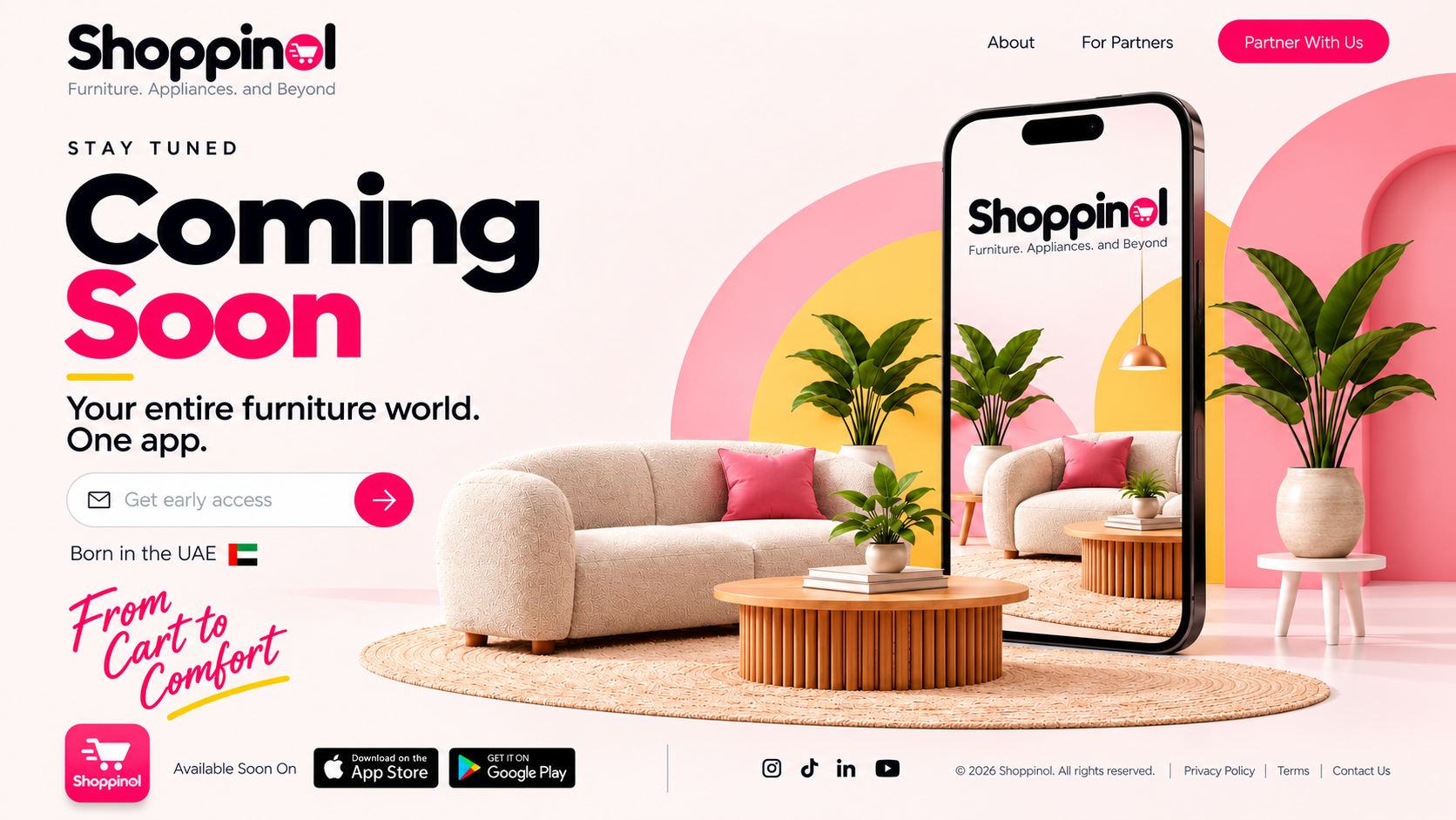 Shopinol — Coming Soon. Furniture, appliances, and beyond. Your entire furniture world. One app. Born in the UAE. From cart to comfort. Available soon on the App Store and Google Play.
